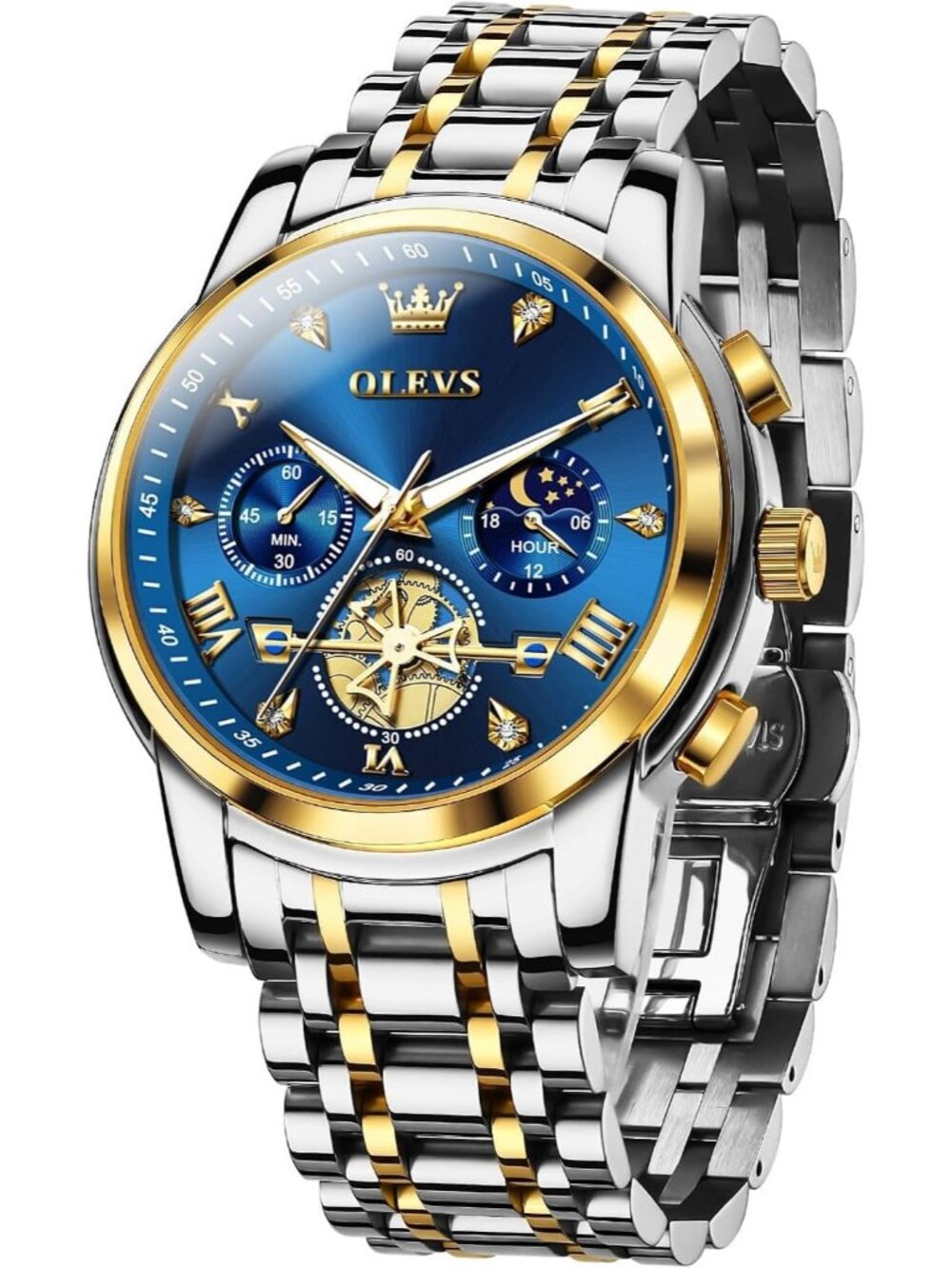OLEVS Men's Silver Gold Blue-2 Watch Stainless Steel Luminous Waterproof Watch